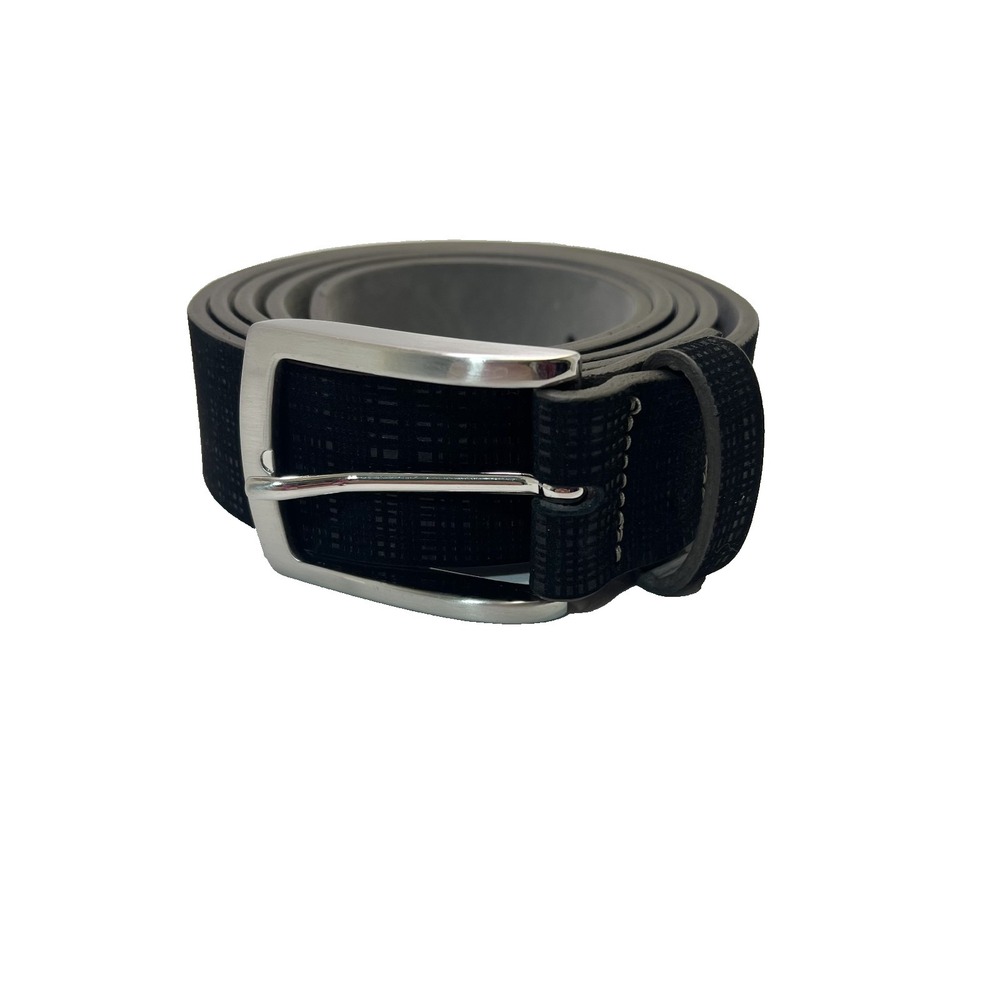 REMO TULLIANO Men Italian Leather Black Texture Belt 46 Silver Finish Buckle USA - Picture 1 of 8